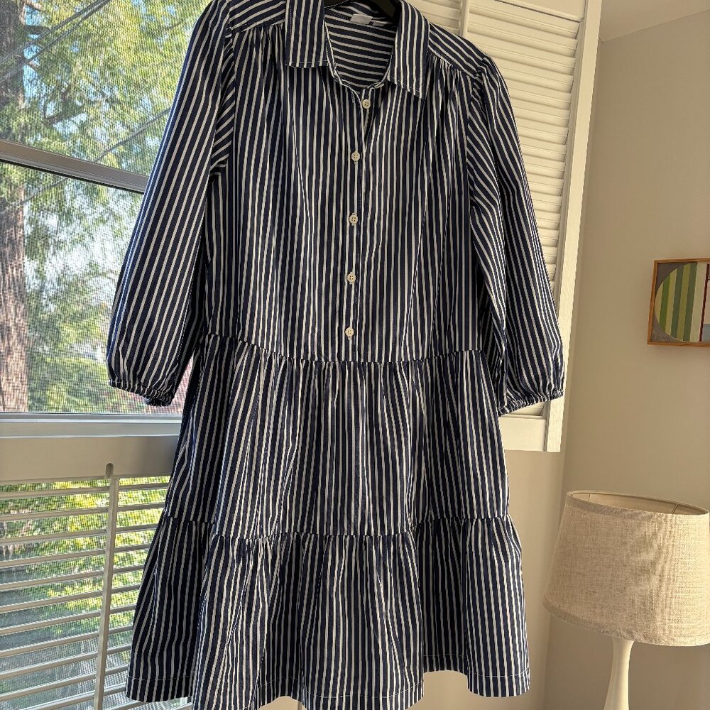 Gap Factory Tiered Poplin Puff Sleeve  Blue Stripe Mini Dress Sz M